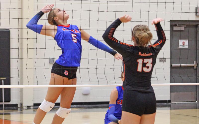 (ALEX HAVARDANSKY | THE GRAHAM LEADER) Kathryn Hughes goes up for a kill Tuesday, Aug. 12, against Burkburnett. The Lady Blues then went on to compete in the Llano tournament Friday and Saturday, Aug. 15-16.
