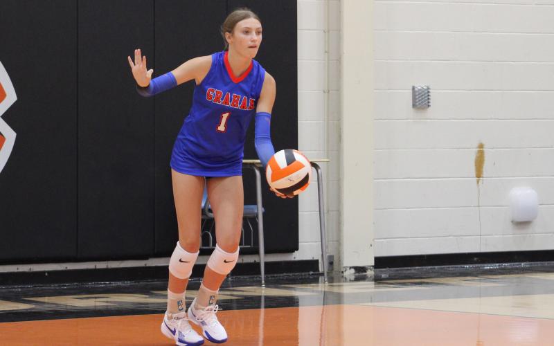 (ALEX HAVARDANSKY | THE GRAHAM LEADER) Katy McGehee prepares to a serve attempt in one of the Lady Blues previous matchups. The volleyball team will be one of several teams honored at the fall sports banquet for Graham. 