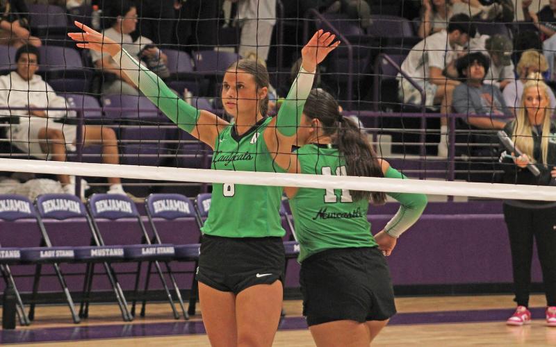(ALEX HAVARDANKSY | THE GRAHAM LEADER) Kenzie King sets up in the front row defensively Saturday, Aug. 16. King’s efforts defensively helped keep the Ladycats in their contest during the championship match. 