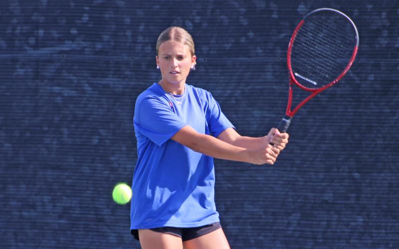 (ALEX HAVARDANKSY | THE GRAHAM LEADER) Kline Krupp aims for a ball Tuesday, Sept. 16, against Vernon in district play. The team of Krupp and Jade Dospapas put up the best fight in doubles play on the day losing narrowly 8-6. 