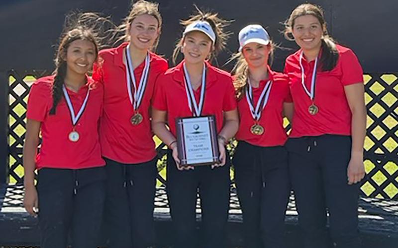 (GRAHAM ISD | CONTRIBUTED PHOTO) The Graham Lady Blues pose with their first place award from the Bluebonnet Invitational in Brownwood.