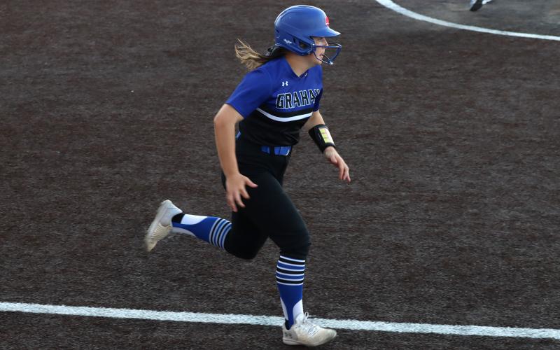 (THOMAS WALLNER | THE GRAHAM LEADER) Ruby Shaffer takes off to first base after a hit during the Lady Blues game against Brock held Tuesday, March 24. The Lady Blues went up against the Brownwood Lady Lions at home Friday, March 27 and fell 2-0.