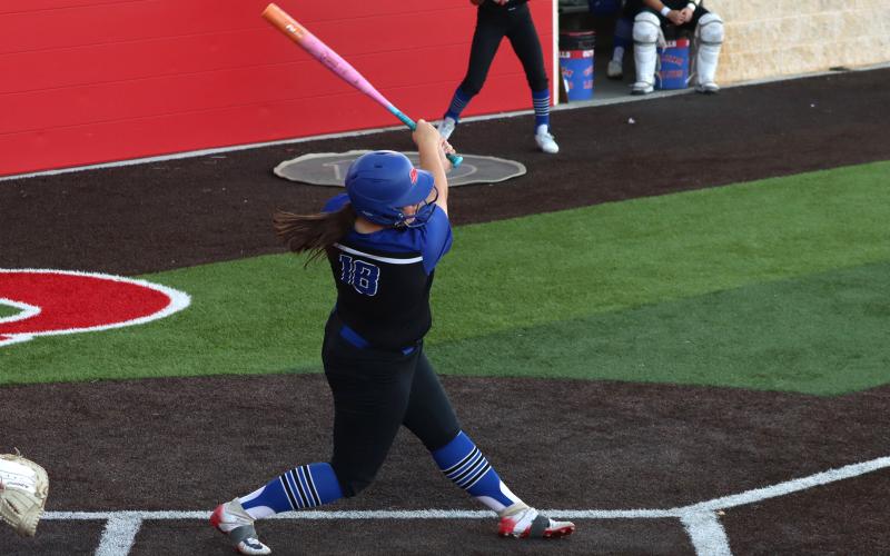 (THOMAS WALLNER | THE GRAHAM LEADER) Hudson Wright swings at a throw from a Brock pitcher during the team’s matchup Tuesday, March 24. The team took on the Brownwood Lady Lions at home Friday, March 27 and fell 2-0 in a defensive struggle.