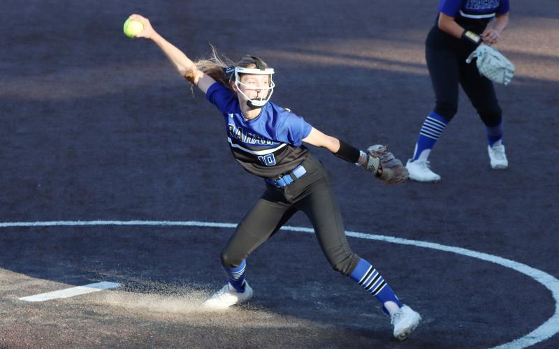 (THOMAS WALLNER | THE GRAHAM LEADER) Lady Blues pitcher Tiffany Cotter threw 65 strikes on 97 pitches in an 11-1 loss Tuesday, March 24, to Brock.