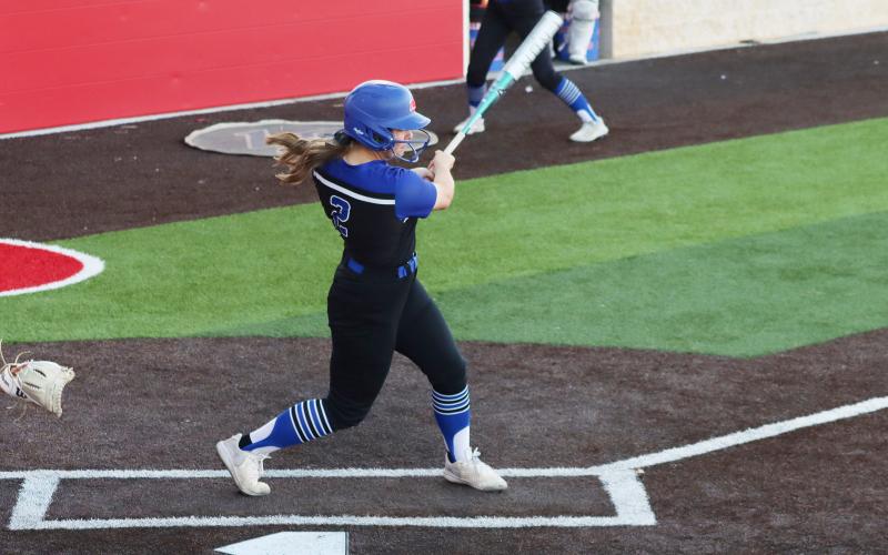 (THOMAS WALLNER | THE GRAHAM LEADER) Rudy Shaffer swings at a pitch from Brock during a previous game in the season. The Lady Blues fell Friday, April 3 to the Stephenville Honeybees.