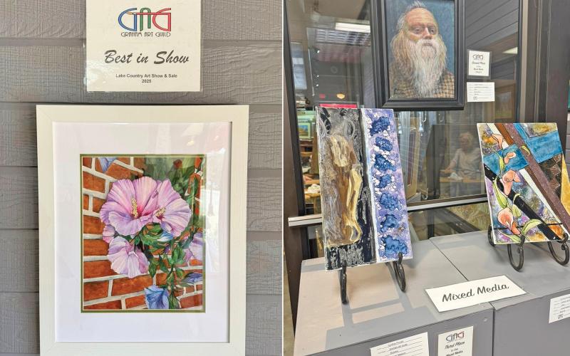 (GRAHAM ART GUILD | CONTRIBUTED PHOTOS) At left is the Best in Show winner at the Lake Country Art Show titled ‘Purple Passion’ by Kathleen Cunning. At right are entries into the Mixed Media category of the Lake Country Art Show. At top is the second place winner ‘Mark’ by Colleen Erickson. At bottom are the third and first place art entries from Cynthia Pinnell titled ‘Mystery’ and ‘Lillies.’