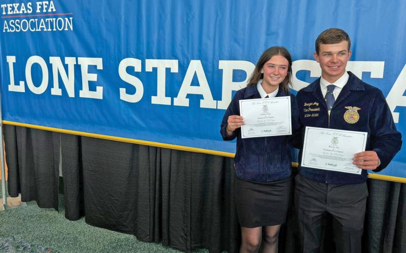 (GRAHAM FFA | CONTRIBUTED PHOTO) Graham FFA members Kimber Pratt and Brazier Joy earned their FFA Lone Star Degrees during the Texas FFA Station Convention held Monday, June 30 through Friday, July 4 at the Fort Worth Convention Center. 