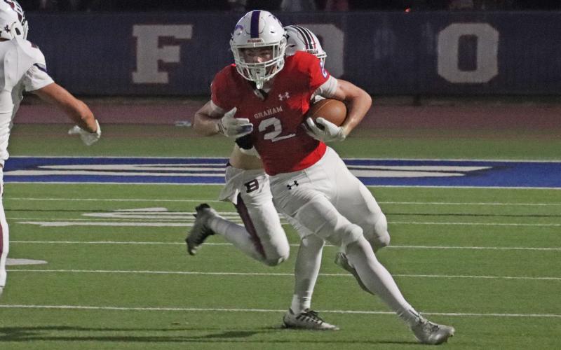 (ALEX HAVARDANKSY | THE GRAHAM LEADER) The Graham Leader is recognizing Macrae Menard of the Graham Steers as this week’s Athlete of the Week. Menard grabbed two key interceptions for the Steers in their blowout homecoming victory over the Bridgeport Bulls 56-0. 