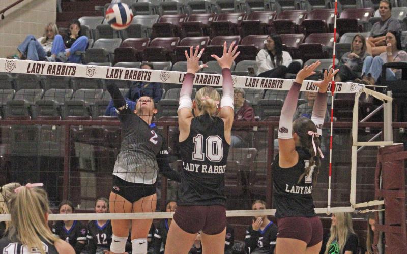 (ALEX HAVARDANSKY | THE GRAHAM LEADER) Madison Cauble goes up for a kill Tuesday, Sept. 9, against the Bowie Lady Rabbits. Cauble has been a primary offensive playmaker for the Lady Blues so far this season. 
