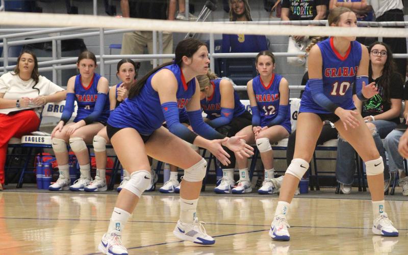 (ALEX HAVARDANKSY | THE GRAHAM LEADER) Madison Cauble set for a serve receive attempt Thursday, Oct. 2, against the Brock Lady Eagles. Graham lost to the Lady Eagles in three sets on this day. 