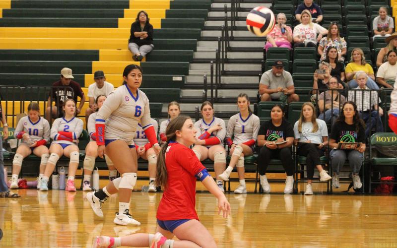 (ALEX HAVARDANKSY | THE GRAHAM LEADER) Makenzie Vacante goes for a dig Tuesday, Aug. 26 against the Lady Jackets. Vacante started the game as the team’s libero.