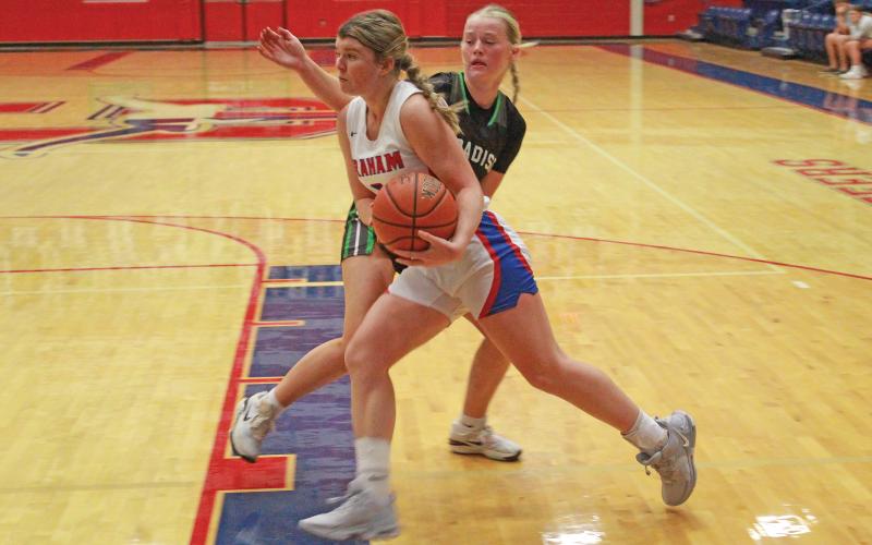 (TC GORDON | THE GRAHAM LEADER) Mayci Ryans is only a sophomore on the varsity Lady Blues basketball team but she’s jumped out to a quick start this season. She was active on both sides of the ball during Graham’s first couple of games and earned her selection as one of The Leader’s Athletes of the Week.