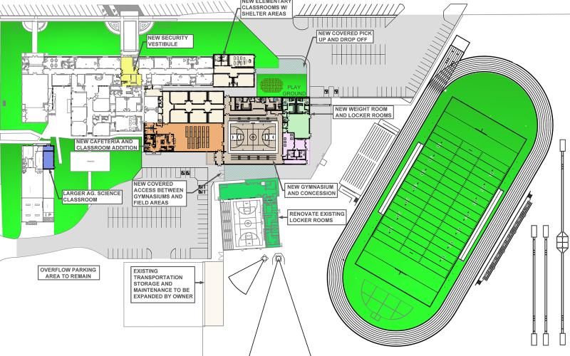 (CONTRIBUTED PHOTO | NISD) The proposed changes to the Newcastle ISD campus which are included with the NISD bond measure. Some of the included changes are new classrooms, new covered pick up and drop off area, new cafeteria, new weight and lockers rooms and a new security vestibule.