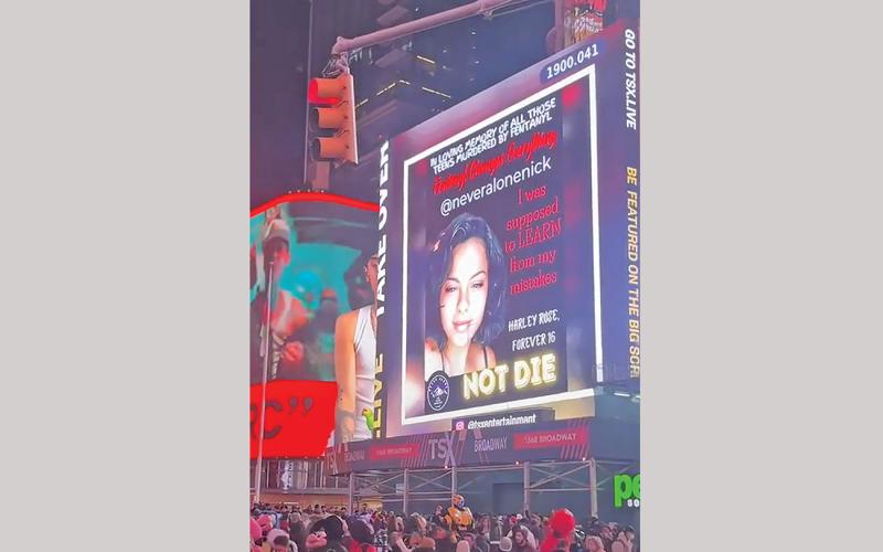 (CONTRIBUTED PHOTO | NATALIE GORRELL) A photo of former Graham High School student Harley Grafton was shown around 6 p.m. local time Saturday , Jan. 28, at Times Square in New York City. The photo appeared as part of a two-hour fentanyl awareness campaign sponsored by The Never Alone Nick Rucker Foundation. Grafton died of fentanyl poisoning March 6, 2021.