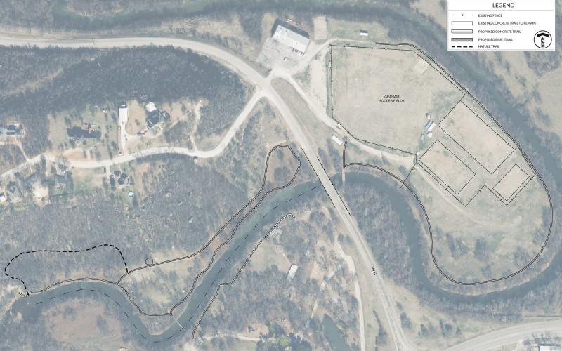 (CITY OF GRAHAM | CONTRIBUTED PHOTO) A map of the redesigned trails project at Firemen's Park and the Graham soccer fields. The Graham City Council tabled approving a bid Thursday, July 31 from a construction company further delaying a project that has been in development since the city first received matching funds in May 2021.