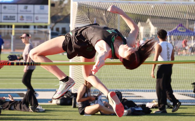 (THOMAS WALLNER | THE GRAHAM LEADER) Aubree Clayton, with the Newcastle Ladycats, was first in the High Jump Small School 1A, 2A competition at the 78th annual PK Relays.