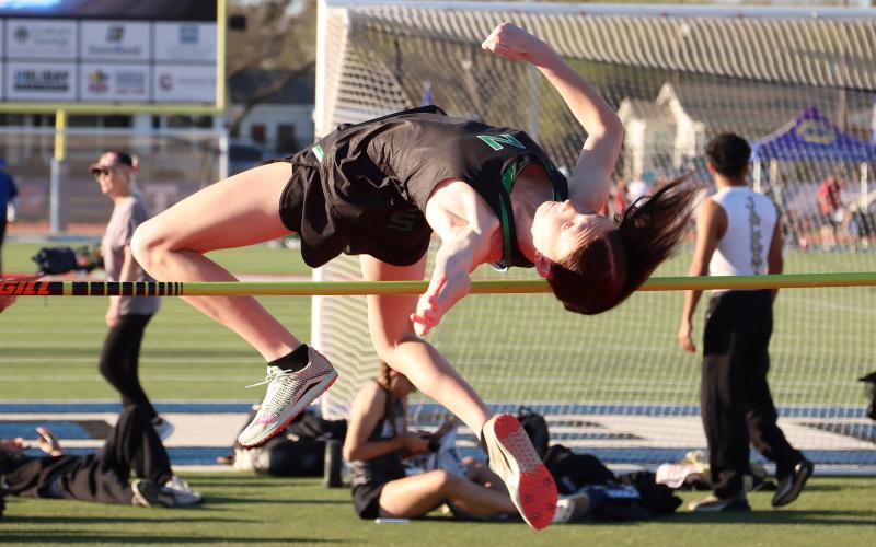 (THOMAS WALLNER  | THE GRAHAM LEADER) Aubree Clayton, with the Newcastle Ladycats, participating in the 78th annual PK Relays. Clayton will be advancing to the area competition after her performance at the district meet Monday, April 6 in Newcastle.