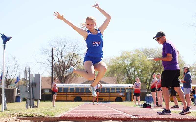 (THOMAS WALLNER | THE GRAHAM LEADER) Lady Blues and Steers competed Saturday, March 21 in the 78th PK Relays in Graham. The teams took off in the Brock High School Invitational last week before the district meet is held April 8-9.