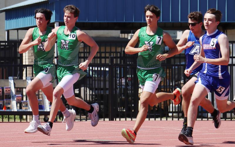(THOMAS WALLNER | THE GRAHAM LEADER) Newcastle runners compete in the 800-Meter Run during the 8th annual PK Relays that were held Saturday, March 21 at Newton Field.