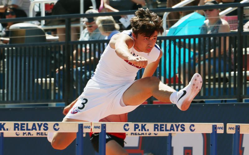 (THOMAS WALLNER | THE GRAHAM LEADER) Kyson Bates was sixth in the 110-meter hurdles event among 3A and 4A schools competing in the 78th annual PK Relays. Bates competed alongside fellow Steers athletes in the POJO Relays in Springtown held Thursday, March 26.