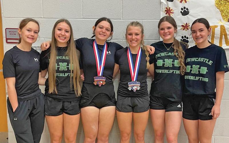 (NEWCASTLE ISD | CONTRIBUTED PHOTO) The Newcastle Ladycats traveled Saturday, March 1 to compete in the regional powerlifting meet at Bells ISD. Shown from left to right are Kourtney Whitfield, Bailey Youngblood, Jayden Ballard, Catherine Youngblood, Camren Mallory and RaeLyn Bennett.