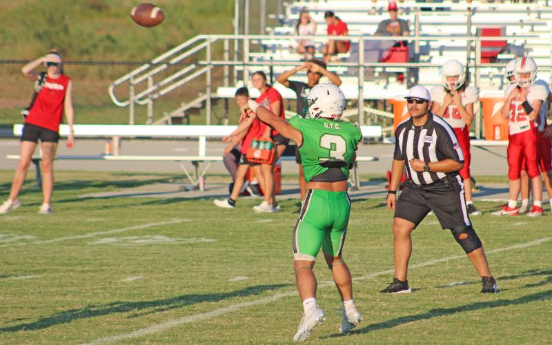 (ALEX HAVARDANSKY | THE GRAHAM LEADER) Keyton Newland follows through on a passing play Friday, Aug. 22. Newland showed off his skills as both a passer and runner in this scrimmage.