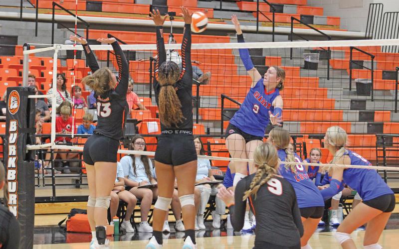 (ALEX HAVARDANSKY | THE GRAHAM LEADER) Rylee Moore hits a ball for a kill attempt Tuesday, Aug. 12. Moore has been a consistent front row hitter for the Lady Blues so far this season. 