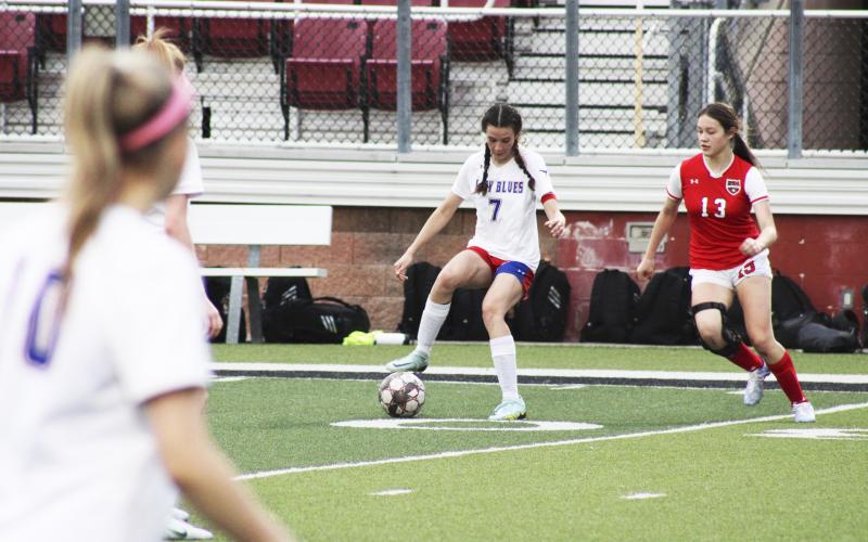 (MIKE WILLIAMS | THE GRAHAM LEADER) Sophia Schlieper scored two goals to lead the Lady Blues to a 2-0 win over Mineral Wells Monday at Mineral Wells High School.
