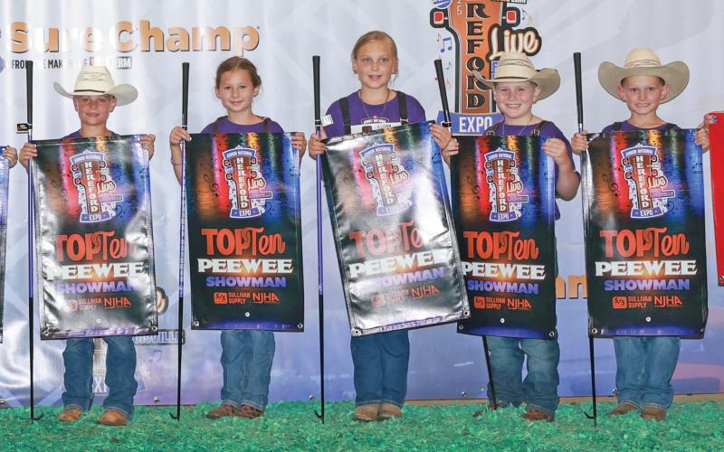 (NJHA | CONTRIBUTED PHOTO) A portion of the top 10 peewee showmen from left to right are Canaan Fink, of Wamego, Kansas; Adelynn Kuykendall, of Graham, Texas; Piper Seiss, of Thurmont, Maryland; Sutton Stelzer, Oologah, Oklahoma; and Colyer Schaeffer, Hagerstown, Indiana. 
