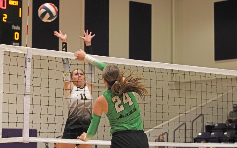 (ALEX HAVARDANKSY | THE GRAHAM LEADER) Sophie Terrell goes up for a kill Saturday, Aug. 16. Terrell was a key contributor offensively throughout the Marlboro Man Memorial volleyball tournament. 