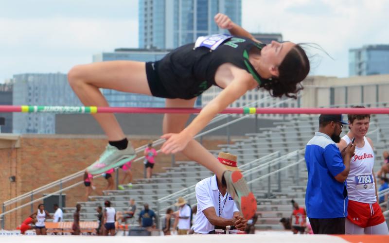 (COLTON MCWILLIAMS | CONTRIBUTED PHOTO) Newcastle’s Aubree Clayton clears the bar in the high jump competition Saturday, May 16 in the UIL Track & Field State Meet. Clayton came away with an eighth-place finish at the meet.