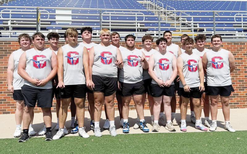 (GRAHAM ATHLETICS | CONTRIBUTED PHOTO) The Steers lineman unit poses after qualifying for the state lineman challenge tournament. The Steers competed in multiple strong man events to advance. 