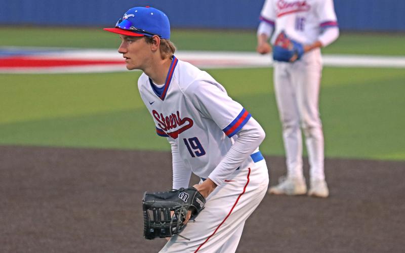 (THOMAS WALLNER | THE GRAHAM LEADER) Senior Jaden Neal watches at first base during the matchup Tuesday, March 17 against the Jim Ned Indians. The Steers fell to the Brownwood Lions during the district match Tuesday, March 31.