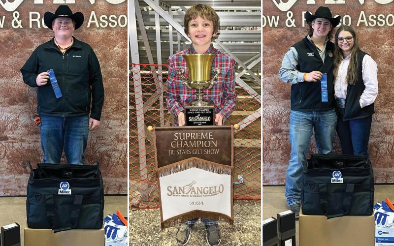 (GRAHAM FFA | CONTRIBUTED PHOTO) Graham FFA students who placed in the San Angelo Stock Show & Rodeo. At left is Lance Browning, who placed first in his Ag Mechanics division for his wood kitchen table with chairs. In center is Keller Jordan who brought home a number of awards, including a supreme champion overall award at the gilt show. At right are two of three team members who placed first in their Ag Mechanic division for their octagonal table with a firepit and grill in the center.