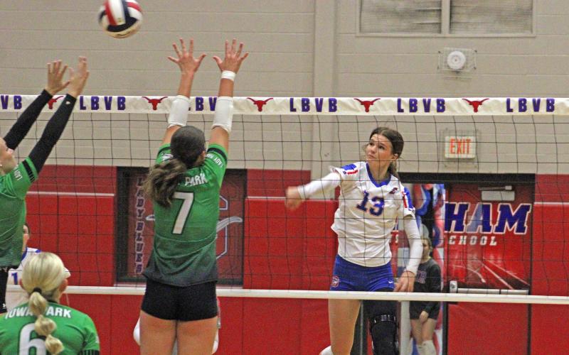 (ALEX HAVARDANKSY | THE GRAHAM LEADER) Tara Dawson goes up for a kill Friday, Sept. 5, against the Iowa Park Lady Hawks. Dawson recorded seven kills, 10 digs and three aces in the win.