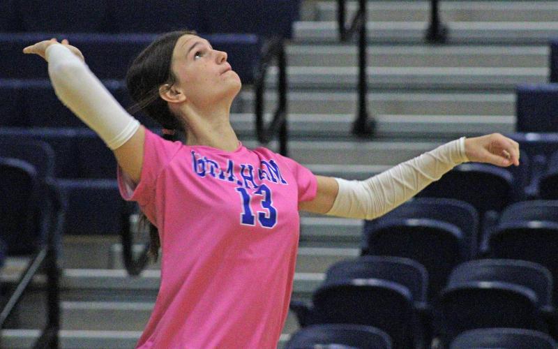 (ALEX HAVARDANKSY | THE GRAHAM LEADER) Tara Dawson prepares for a serve attempt Tuesday, Oct. 21 against the Brock Lady Eagles. Dawson is a veteran leader on the Lady Blues being one of the team’s seniors.