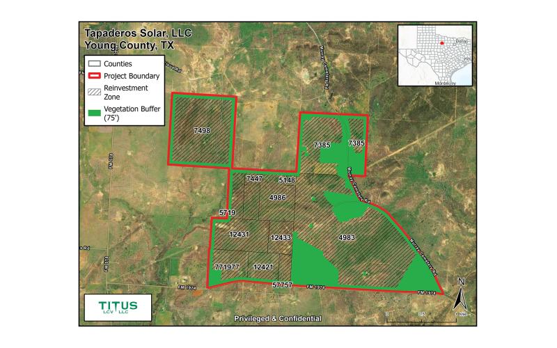 (ROBERT PENA | CONTRIBUTED PHOTO) Properties that are included in the Titus LCV Tapaderos solar and battery storage project that is being proposed in Young County. The green on the map shows the vegetation buffer that will be included with the project while the red is the project boundary.