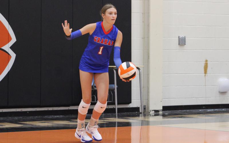 (ALEX HAVARDANSKY | THE GRAHAM LEADER) Katy McGehee lines up for a serve Tuesday, Aug. 12, against the Lady Bulldogs. McGehee is one of several veteran leaders on this team.