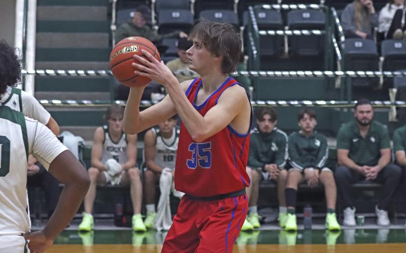 (TC GORDON | THE GRAHAM LEADER) Graham’s Nikolas Wankowicz begins his free throw shot after getting fouled and earning a trip to the line Monday, Nov. 25 in the Steers’ 49-45 loss at Breckenridge.