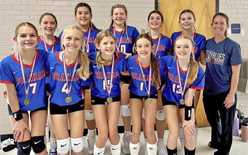 (BRANDI LOUDER | CONTRIBUTED PHOTO) The Graham Junior High School 7A volleyball team swept all three of the team’s opponents Saturday, Sept. 28 at a tournament the school hosted against Iowa Park, Burkburnett and Holliday.