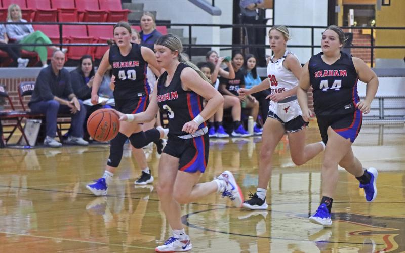 (TC GORDON | THE GRAHAM LEADER) Graham’s Mayci Ryans (3) brings the ball up the court in transition with teammates around her during the team’s 60-53 win Tuesday, Dec. 3 over Eastland.