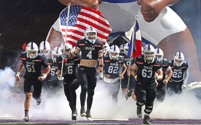 (TC GORDON | THE GRAHAM LEADER) The Graham Steers take the field before the start of their region final game against the Brock Eagles. The two teams battled, but Graham’s season ended in a triple overtime 12-10 loss Friday, Dec. 6.