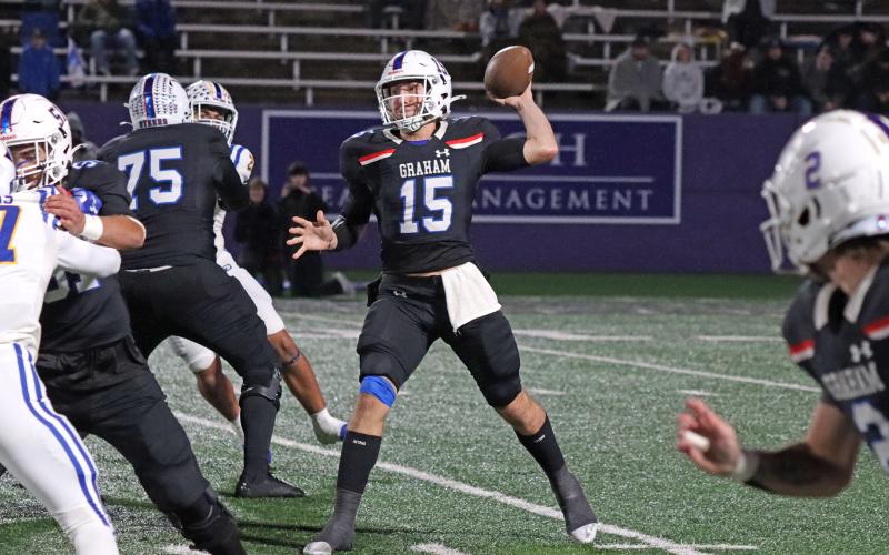 (TC GORDON | THE GRAHAM LEADER) Graham quarterback Ty Thompson fires a pass to one of his receivers during the team’s 12-10 triple overtime loss to the Brock Eagles in the region final Friday, Dec. 6.