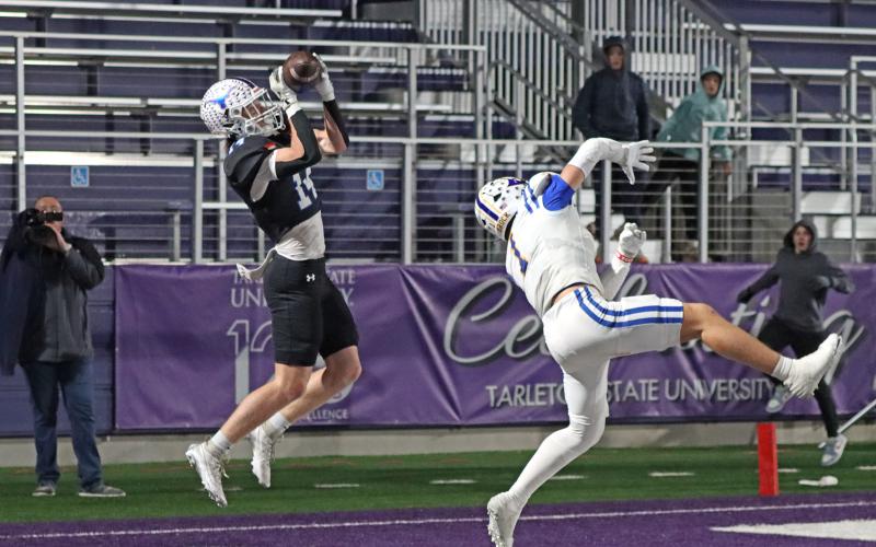 (TC GORDON | THE GRAHAM LEADER) Cornerback Ryder Taylor intercepts a Brock pass in the end zone during the first overtime period of the region final Friday, Dec. 6. It was Graham’s third interception of the game, but the Eagles went on to win in triple overtime 12-10 to end the Steers’ season.