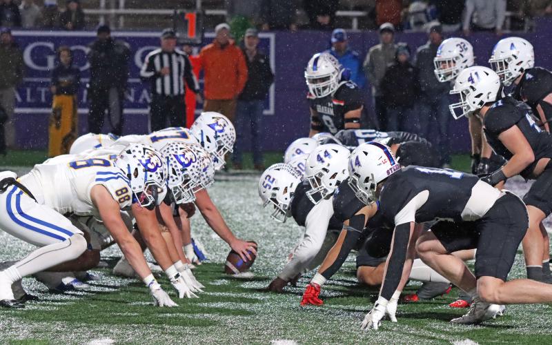(TC GORDON | THE GRAHAM LEADER) The Graham Steers’ defense lines up against the Brock Eagles’ offense Friday, Dec. 6 in the Region 1-4A Division II final. The game was a battle, but the Eagles won in triple overtime 12-10 to end the Steers’ season.