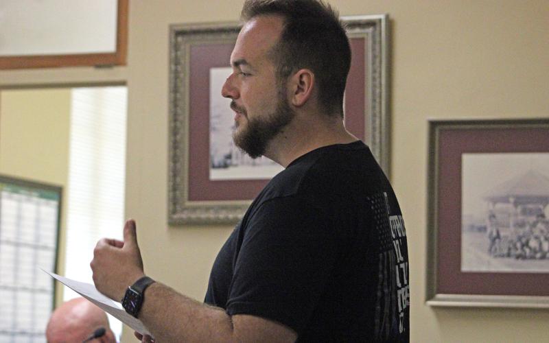 (ALEX HAVARDANSKY | THE GRAHAM LEADER) Young County Sheriff’s Office Lieutenant Will Cauthern explains Flock Safety cameras to the commissioners court Monday, Aug. 11. Cauthern explained that these cameras would be beneficial in aiding significant criminal investigations. 
