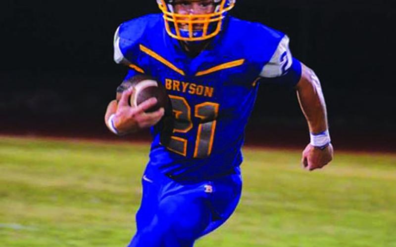 Bryson’s Ethan Robinson looks to run up the field for yardage earlier this season against Gorman. The Cowboys will open the playoffs Thursday night against the May Tigers at 7:30 p.m. from Gordon High School. Leader photo by Monica Buchanan