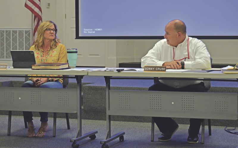 (THOMAS WALLNER | THE GRAHAM LEADER) Graham ISD Superintendent Sonny Cruse gives a superintendent update during a school board meeting Wednesday, Sept. 14.  Cruse spoke to the board about how the district has started development of the 2023-2024 school calendar.