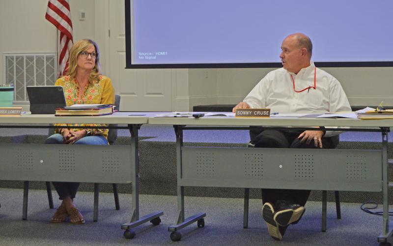 (THOMAS WALLNER | THE GRAHAM LEADER) Graham ISD Superintendent Sonny Cruse speaks to the GISD Board of Trustees during a meeting Wednesday, Sept. 14. The board approved a vendor and budget for an electronic door access system throughout the district.