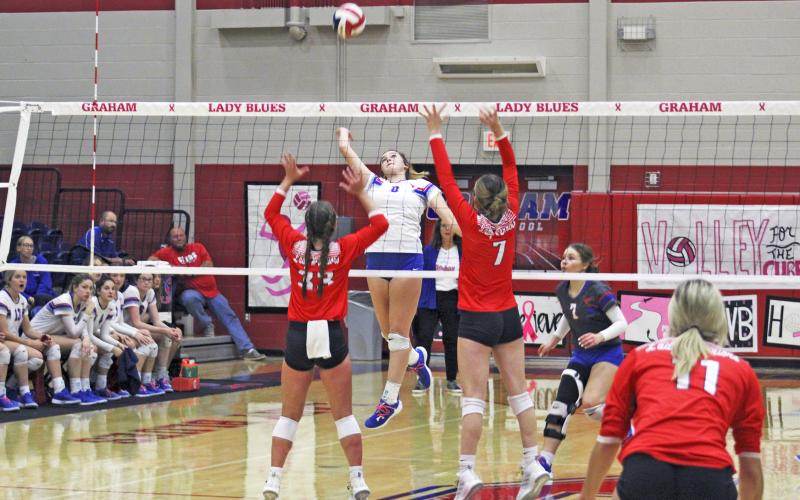 (MIKE WILLIAMS | THE GRAHAM LEADER) Lady Blues senior Bobbie Jo Hart prepares to swing at the ball during the Lady Blues’ 20-25, 25-17, 25-17, 25-21 home win Friday, Oct. 21 over Christ Academy at Graham High School. The Lady Blues played their district finale yesterday at Stephenville High School.